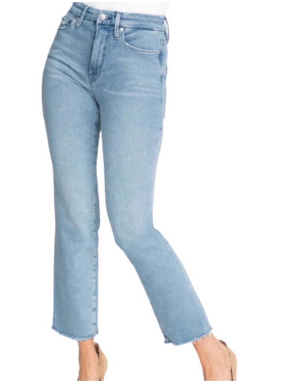Good American Good Classic High Rise Straight Jean Light Wash Frayed Hem 12 / 31